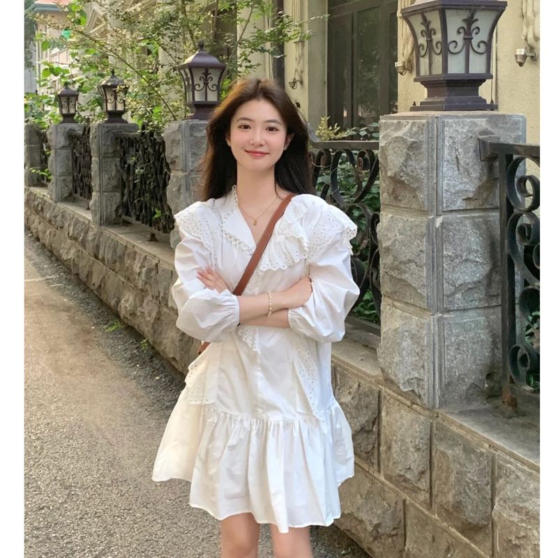 Lapel stitching ruffled long-sleeved dress autumn 2022 new sweet girlish high waist skirt ins trend