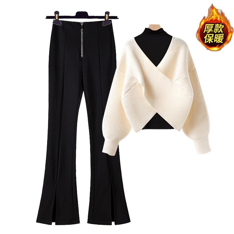 Plus-size women's autumn suit women's  new style small fragrant style age-reducing sweater covering meat wide-leg pants two-piece set [shipping within 7 days]