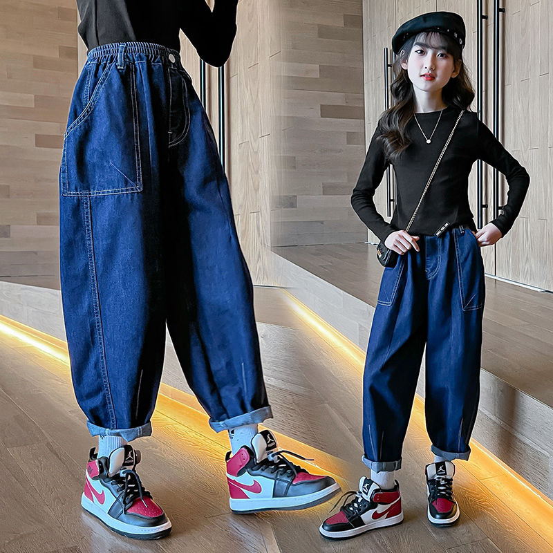 女童牛仔褲秋裝2023新款兒童春秋褲子中大童女孩秋款長褲老爹褲潮