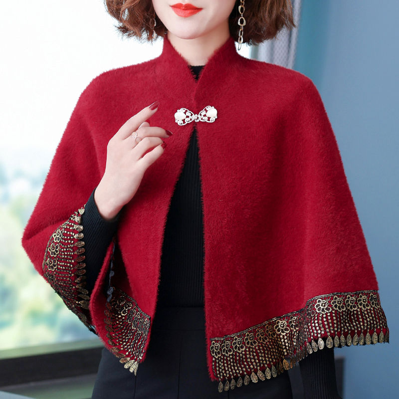 Imitation mink velvet cape shawl women's coat autumn and winter new style with cheongsam outer cape spring and autumn small outer wear