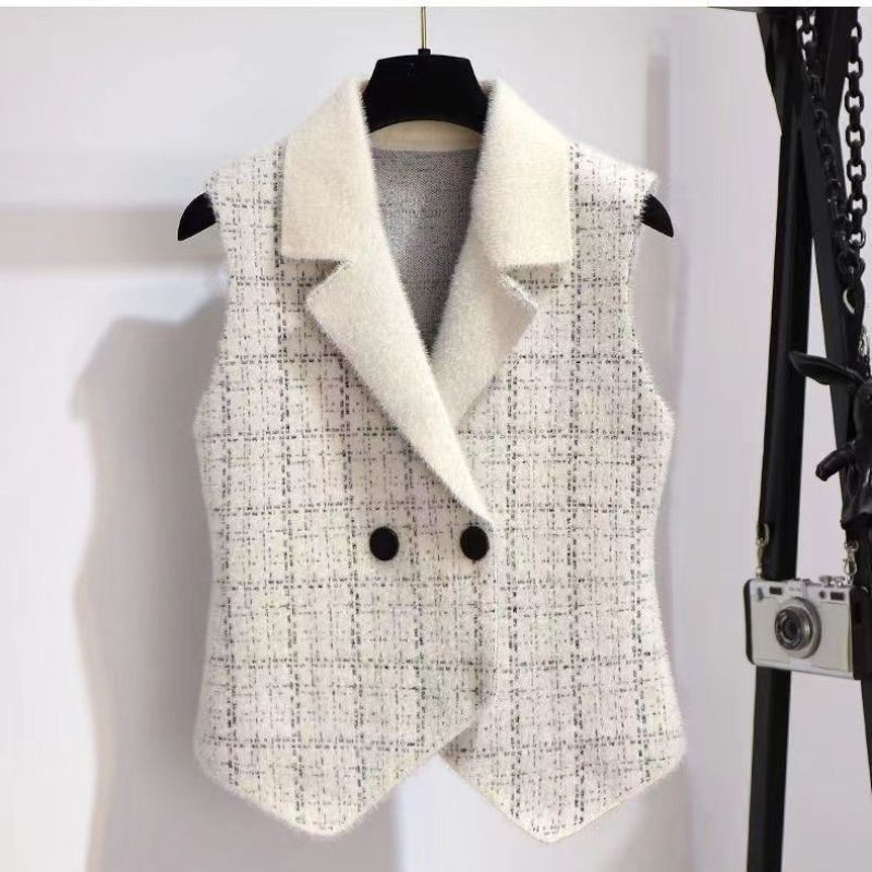 High-quality small fragrant wind vest women's autumn and winter Korean version of the houndstooth sleeveless vest fashion knitted vest vest vest coat