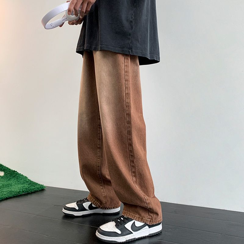 美式復古水洗棕色牛仔褲男潮牌ins高街vibe風直筒寬鬆休閒拖地褲