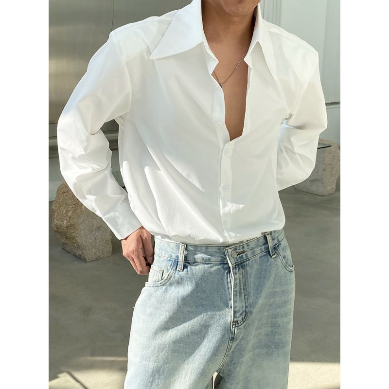 长袖白衬衫男秋季新款设计感小众韩版宽松百搭休闲纯色领带衬衣潮