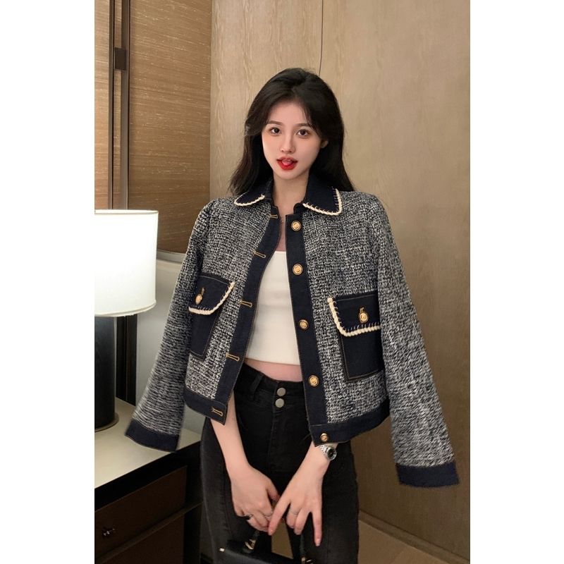 Xiaoxiangfeng denim jacket women's spring and autumn  new design sense color contrast splicing loose short long-sleeved top trendy