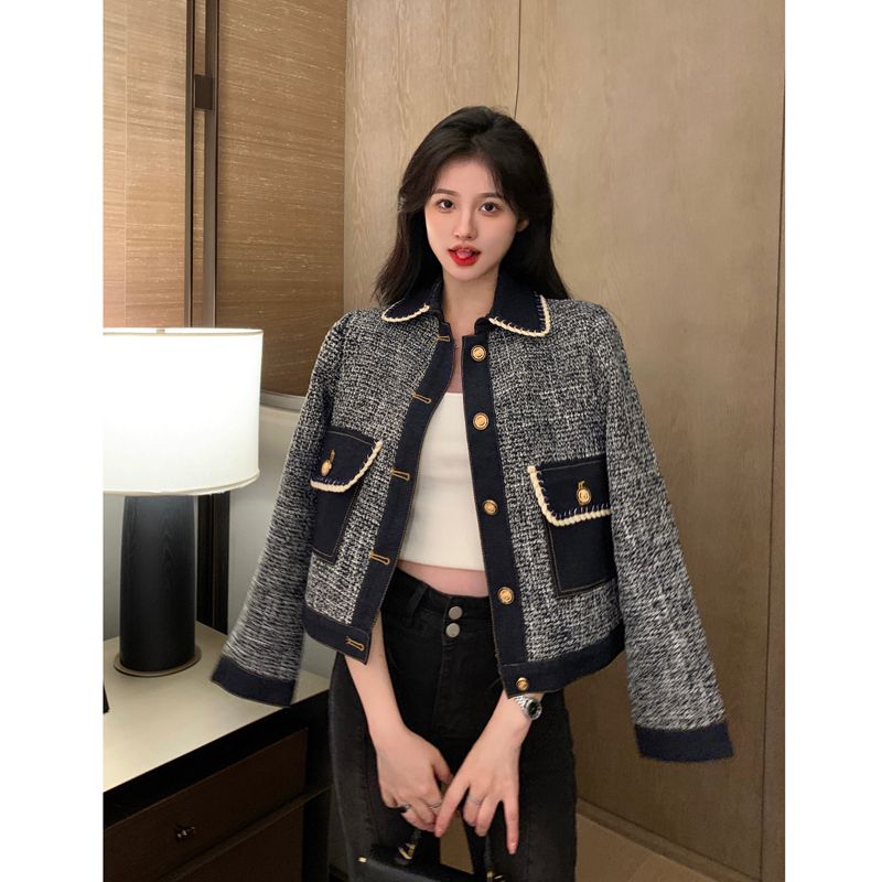 Xiaoxiangfeng denim jacket women's spring and autumn  new design sense color contrast splicing loose short long-sleeved top trendy