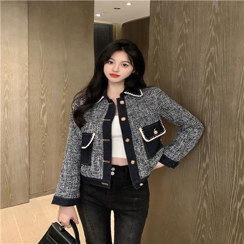 Xiaoxiangfeng denim jacket women's spring and autumn  new design sense color contrast splicing loose short long-sleeved top trendy