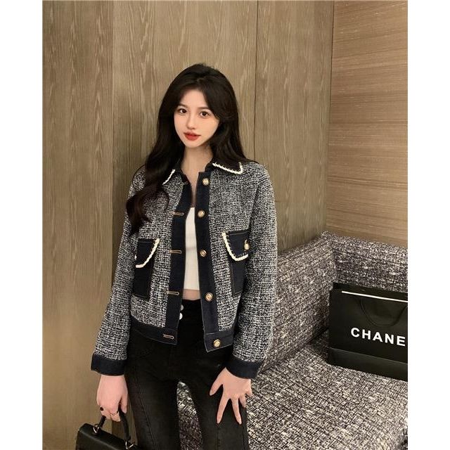 Xiaoxiangfeng denim jacket women's spring and autumn  new design sense color contrast splicing loose short long-sleeved top trendy