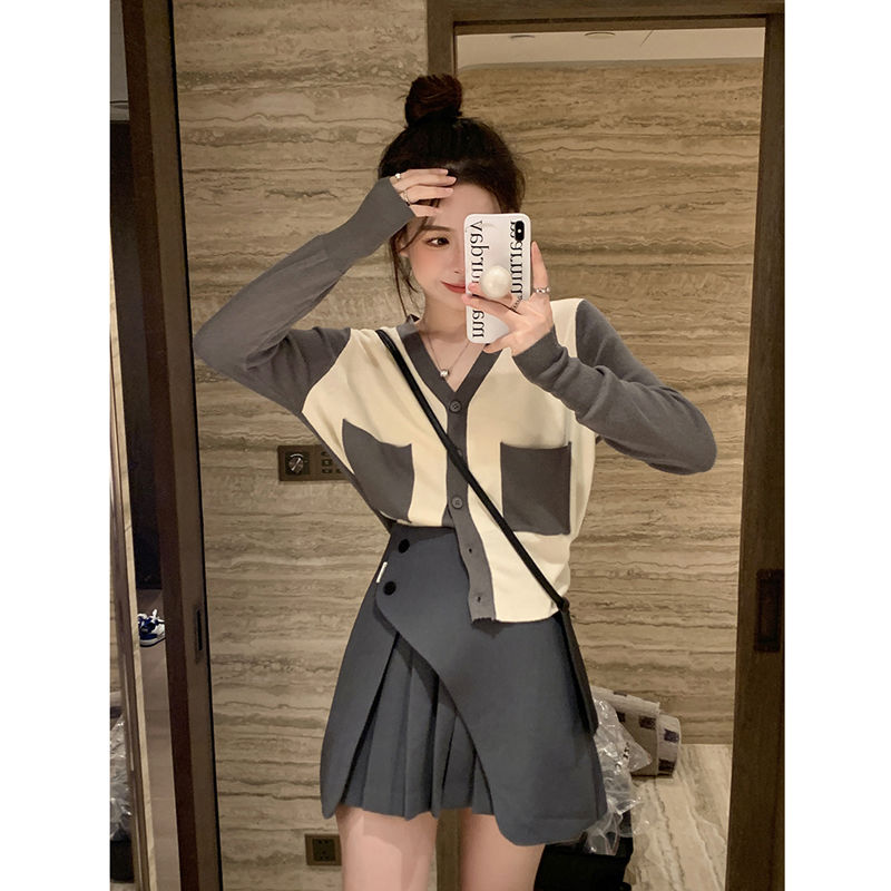 慵懶風撞色V領長袖毛衣套裝女春秋2023新款復古寬鬆針織開衫上衣