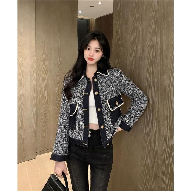 Xiaoxiangfeng denim jacket women's spring and autumn  new design sense color contrast splicing loose short long-sleeved top trendy