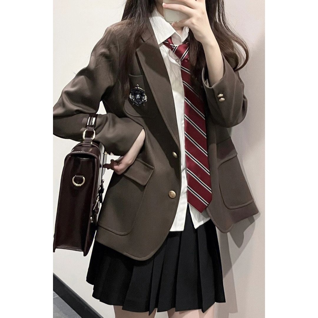 College style jk uniform single/three-piece skirt suit brown suit jacket female spring and autumn models with pleated skirt white shirt
