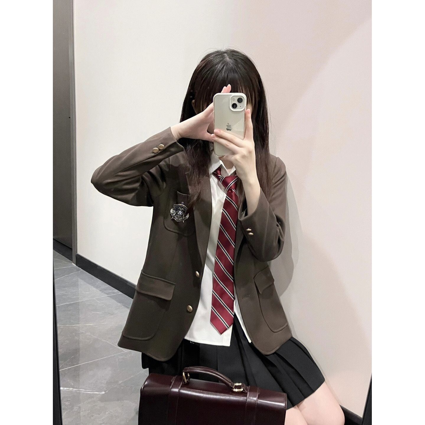 College style jk uniform single/three-piece skirt suit brown suit jacket female spring and autumn models with pleated skirt white shirt