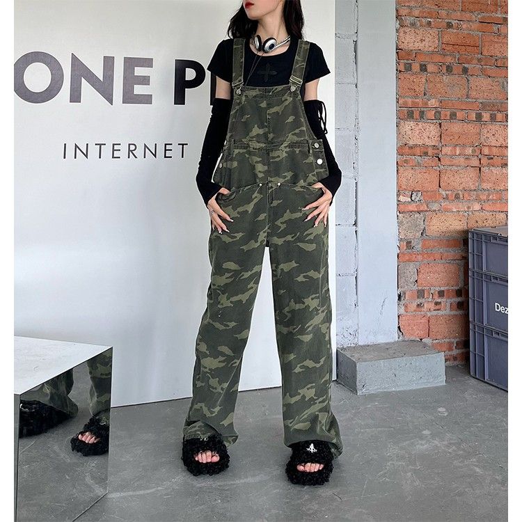 American retro design sense niche camouflage bib pants women's autumn ins new high waist straight one-piece pants tide