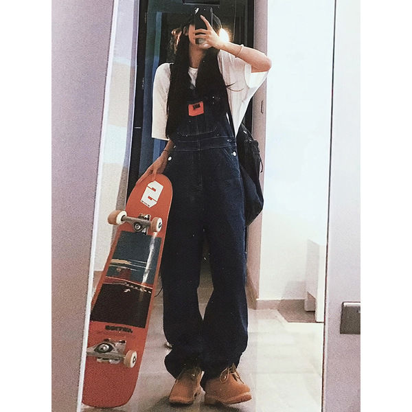 High waist denim overalls women's spring and autumn 2023 new Korean version of foreign style slim straight pants casual loose wide leg pants