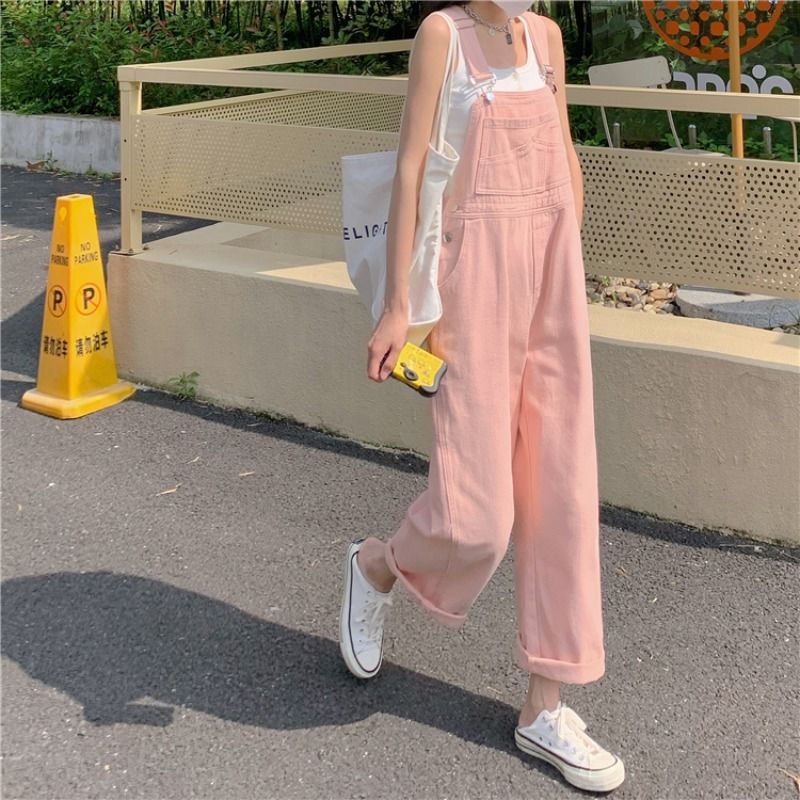 New denim overalls women's spring and summer net red sweet cool design feeling niche sweet and spicy small milk sweet pink pants