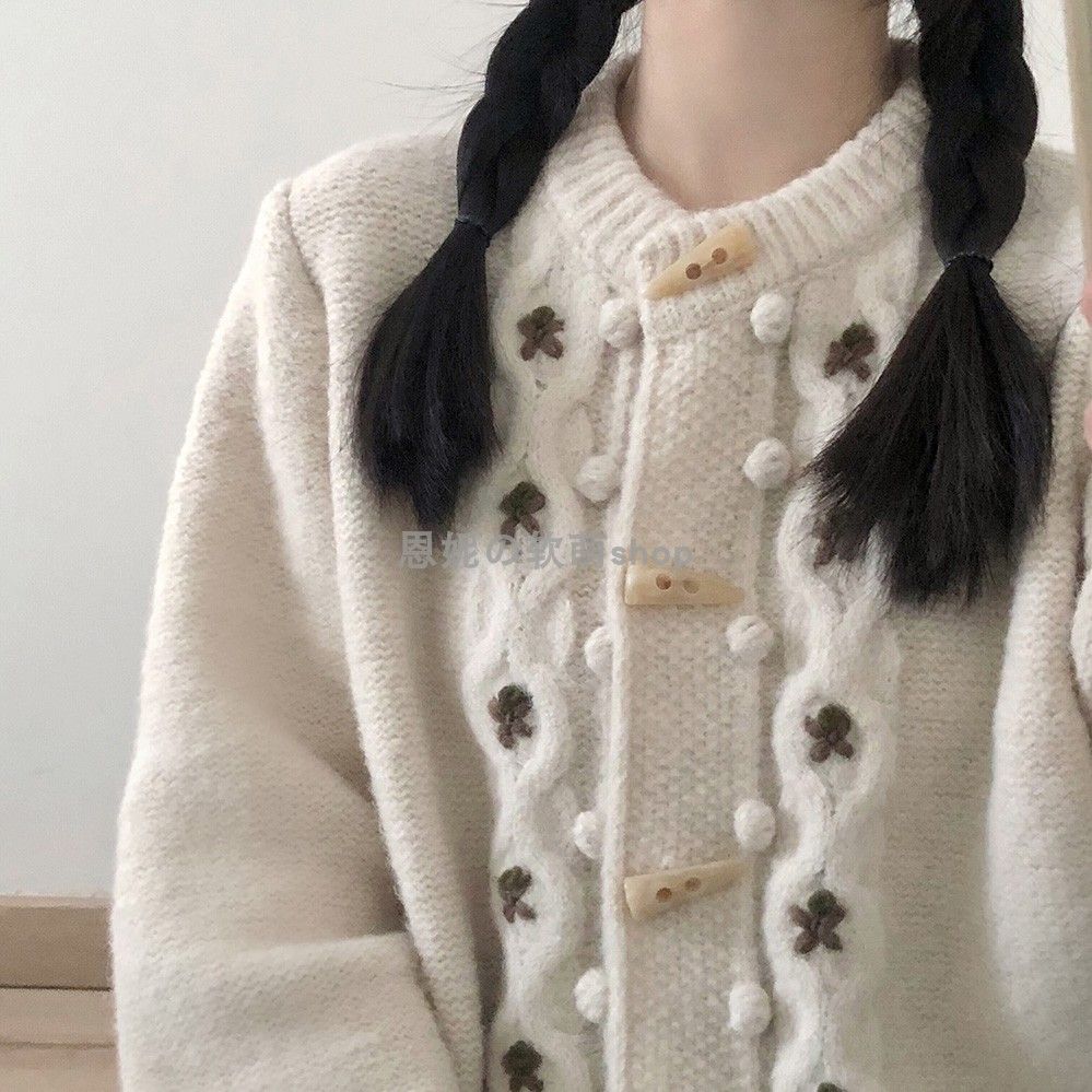 【現貨】芭歐復古著感日系鉤花牛角扣開衫針織毛衣外套女小個子秋季開衫