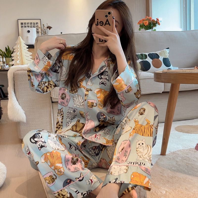 冰絲睡衣趙露思明星抖音貓咪絲綢女開衫可愛氣質時尚短長袖家居服