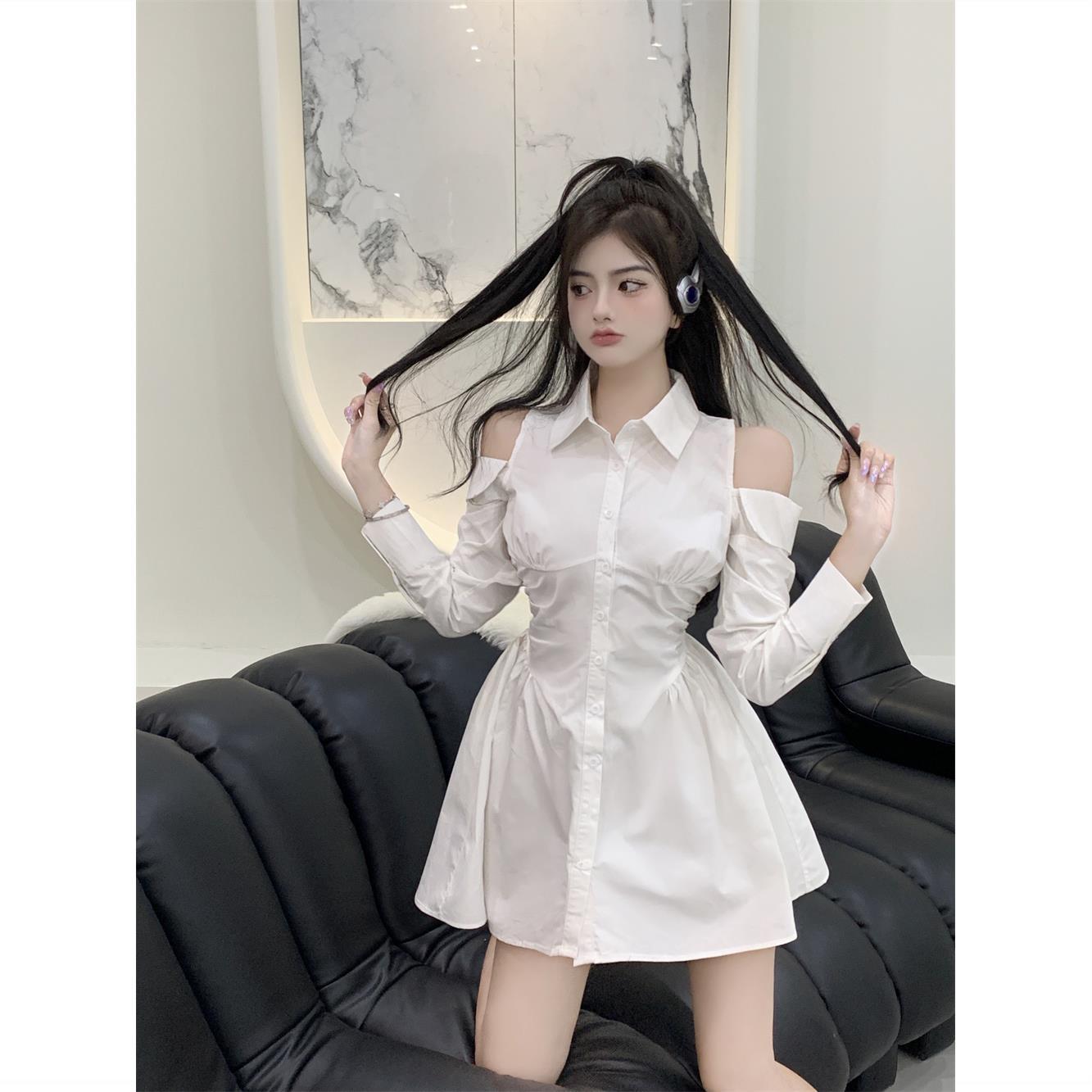 2023秋新款純欲氣質露肩白色襯衫連衣裙收腰辣妹a字裙子女