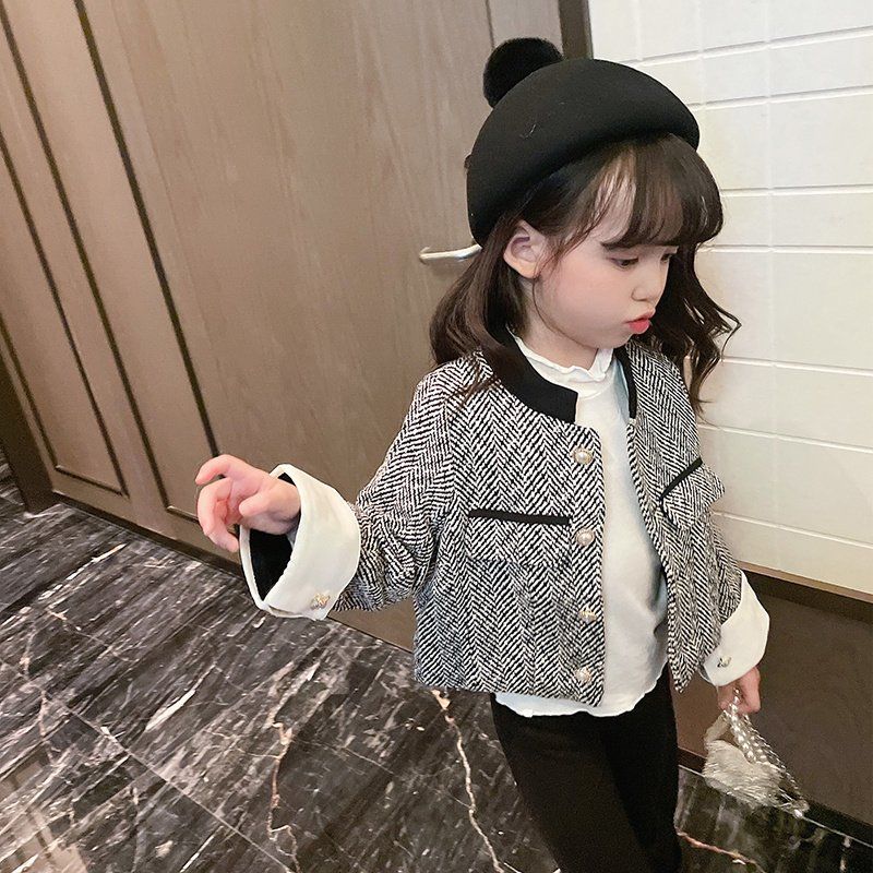 Girls spring and autumn 2022 latest small fragrance jacket houndstooth top children's autumn temperament striped jacket
