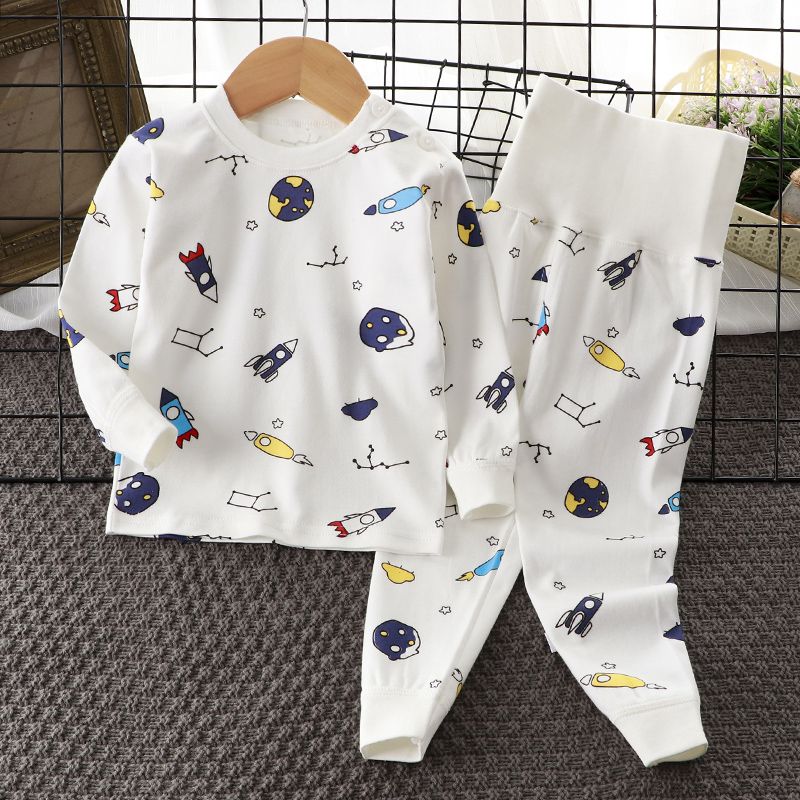 Baby cotton long johns high waist belly protection underwear set boys and girls warm clothes baby pajamas autumn and winter