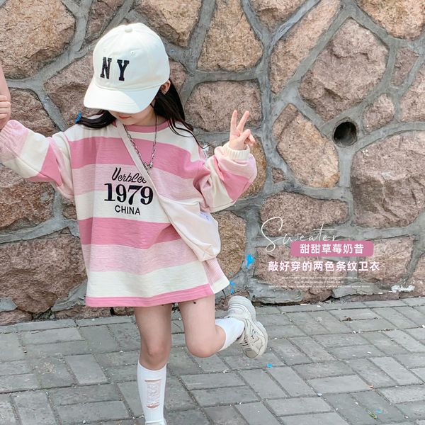 巧智優女童秋裝長袖衛衣女寶寶甜甜草莓奶昔條紋打底衫兒童上衣潮