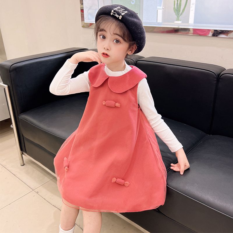女童2023春秋套装洋装新款韩版儿童加绒两件套背心裙女孩公主裙