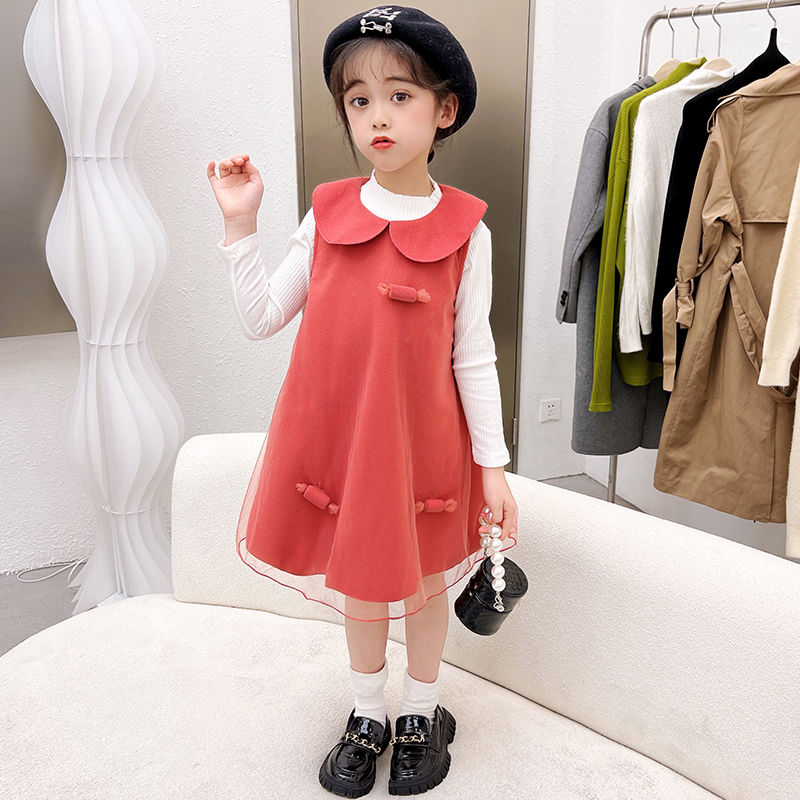 女童2023春秋套装洋装新款韩版儿童加绒两件套背心裙女孩公主裙