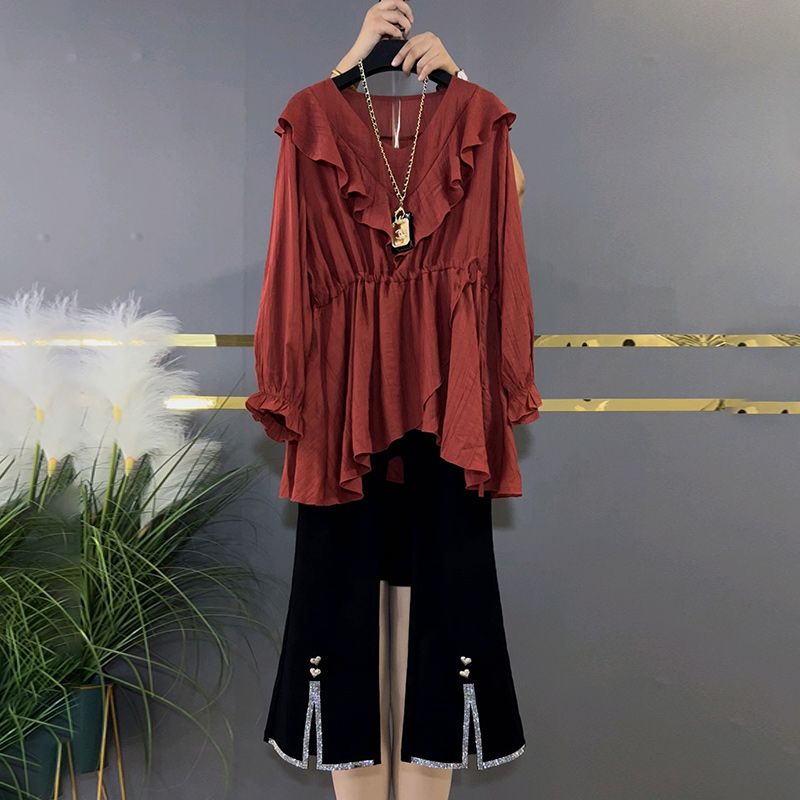 Fat mm early autumn new large size women's clothing Korean version loose and thin chiffon shirt temperament drilling edge slightly bootcut pants two-piece suit