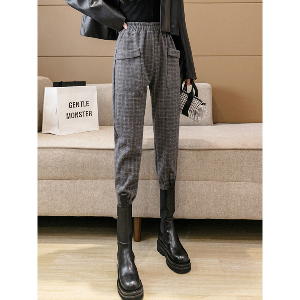Wool plaid pencil pants women's 2023 autumn and winter new velvet thickened trousers casual overalls Harlan carrot pants