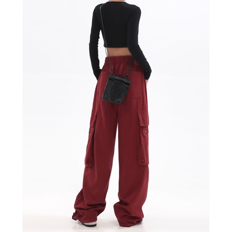 American retro red wide-leg overalls women's autumn high street design sense pocket hiphop straight casual pants