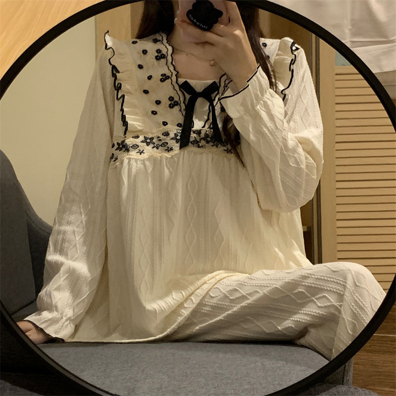 Korean version of ins autumn and winter jacquard lace fungus lace long-sleeved trousers pullover palace princess pajamas home clothes