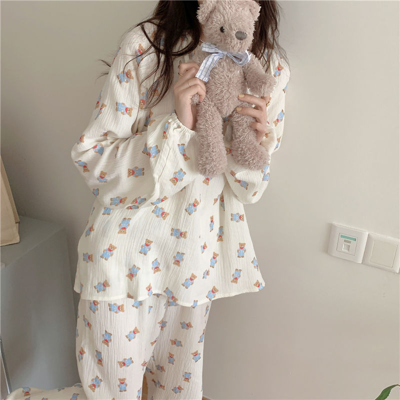 Cute autumn bear bowknot long-sleeved trousers pajamas women winter  new home service suit women