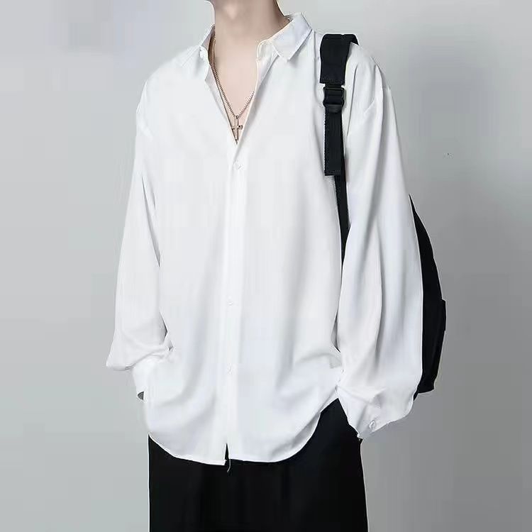 黑色长袖衬衫男士春秋季韩版垂感宽松高级感冰丝纯色大码dk衬衣男