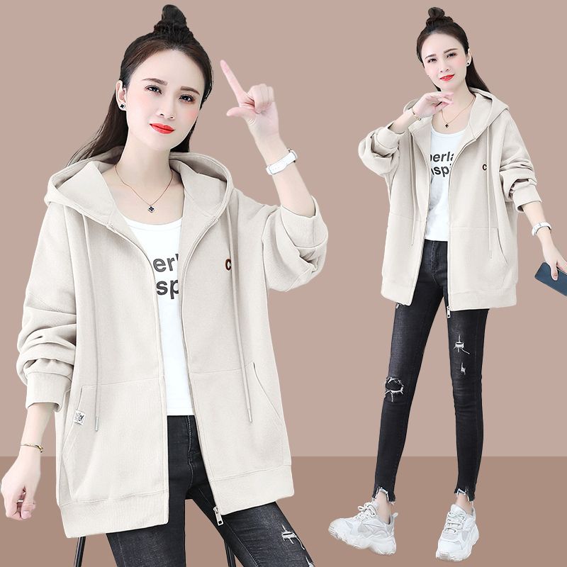 Autumn coat female 2023 new temperament all-match Hong Kong style fashion loose large size cardigan zipper hooded sweater tide