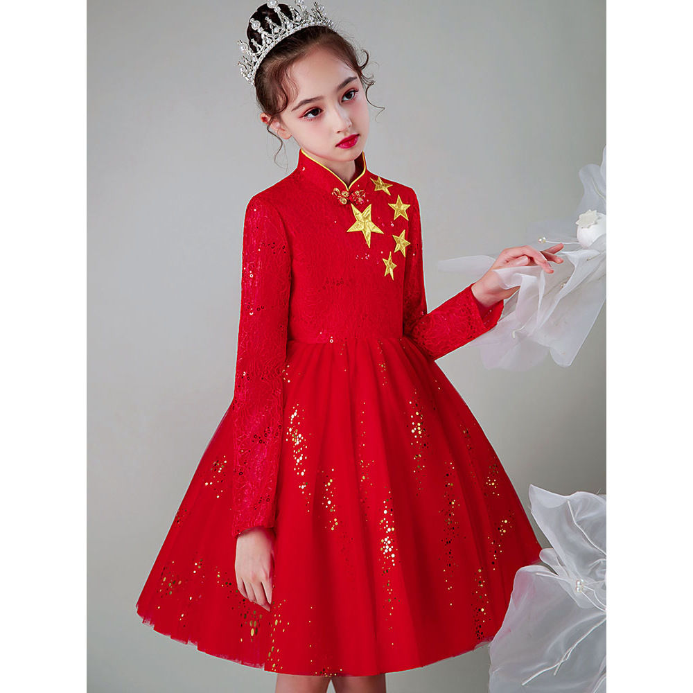 Little host dress girl princess dress tutu skirt Chinese red children's National Day performance costume spring and autumn long-sleeved