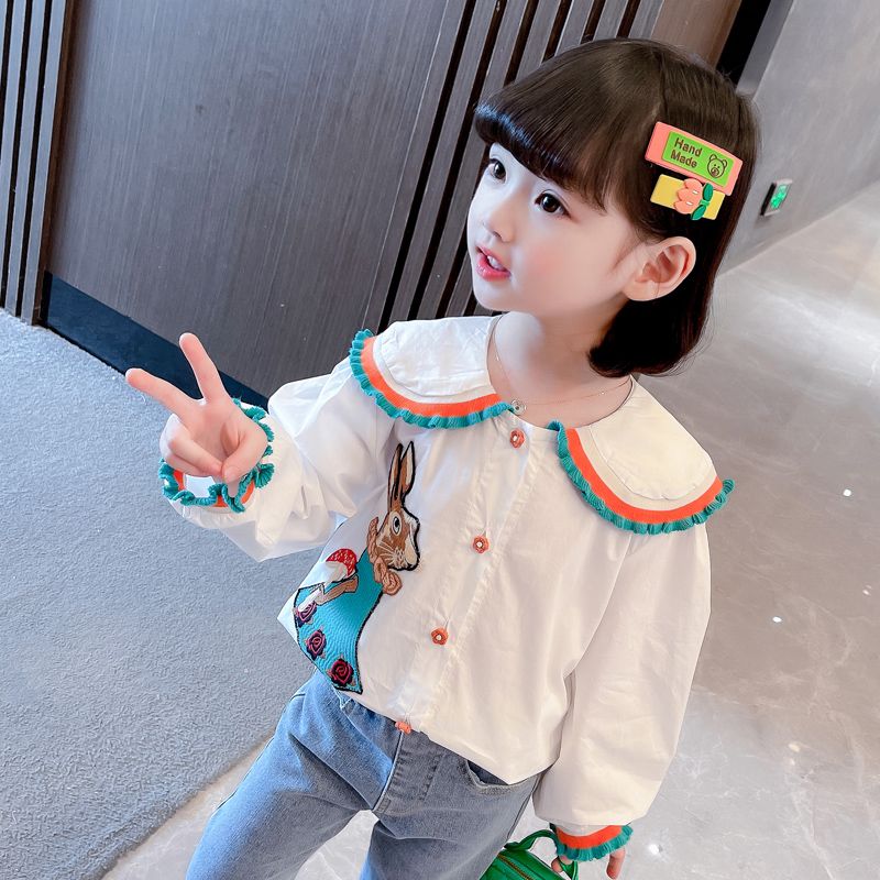 女童娃娃領白襯衫2023秋季新款洋氣螺紋袖兒童襯衣長袖上衣中小童