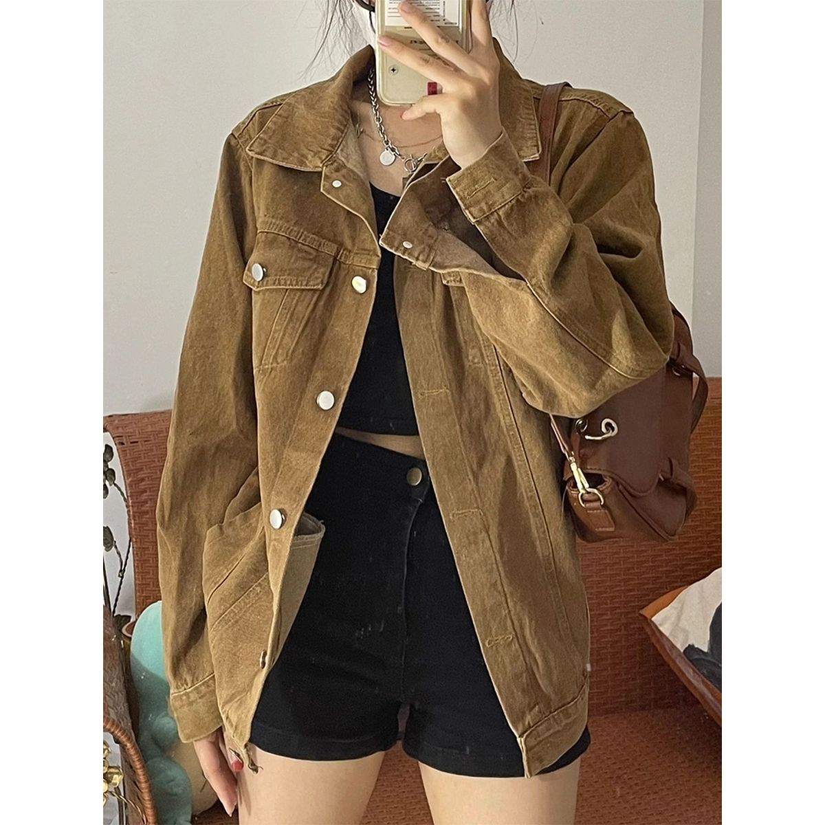 American oldschool brown denim jacket female autumn large size fat mm retro loose tooling jacket tops