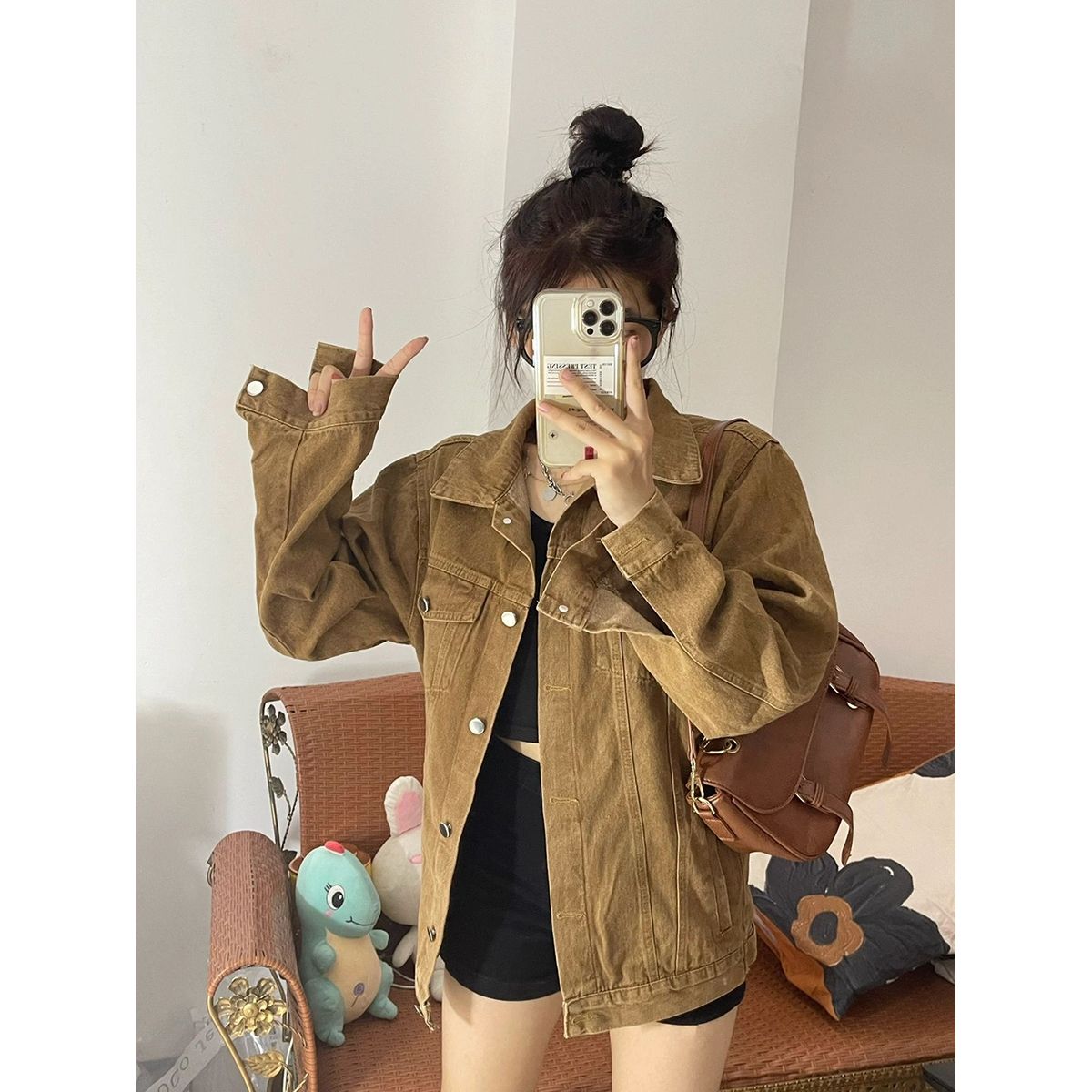 American oldschool brown denim jacket female autumn large size fat mm retro loose tooling jacket tops