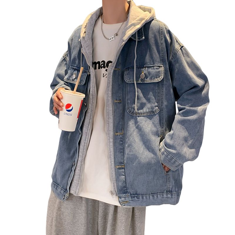 Ruffian handsome denim jacket men's spring and autumn trendy brand ins hooded loose all-match jacket trend Korean version fake two-piece top