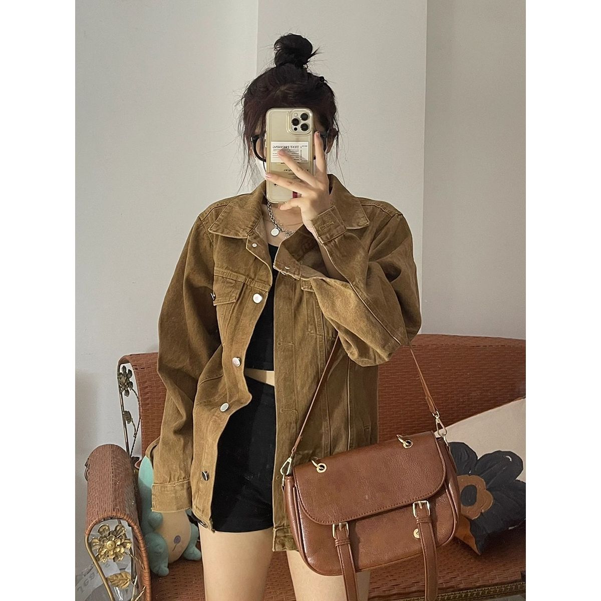 American oldschool brown denim jacket female autumn large size fat mm retro loose tooling jacket tops