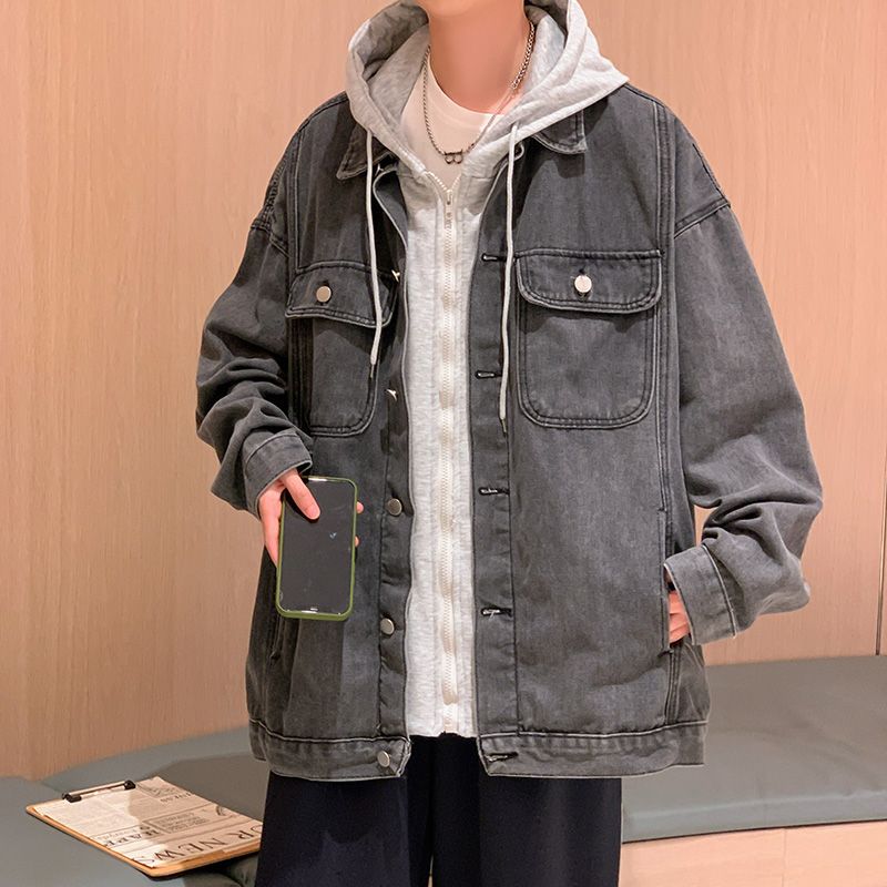 Ruffian handsome denim jacket men's spring and autumn trendy brand ins hooded loose all-match jacket trend Korean version fake two-piece top