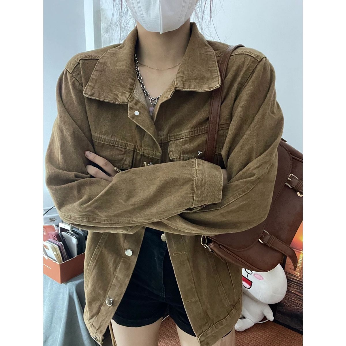 American oldschool brown denim jacket female autumn large size fat mm retro loose tooling jacket tops