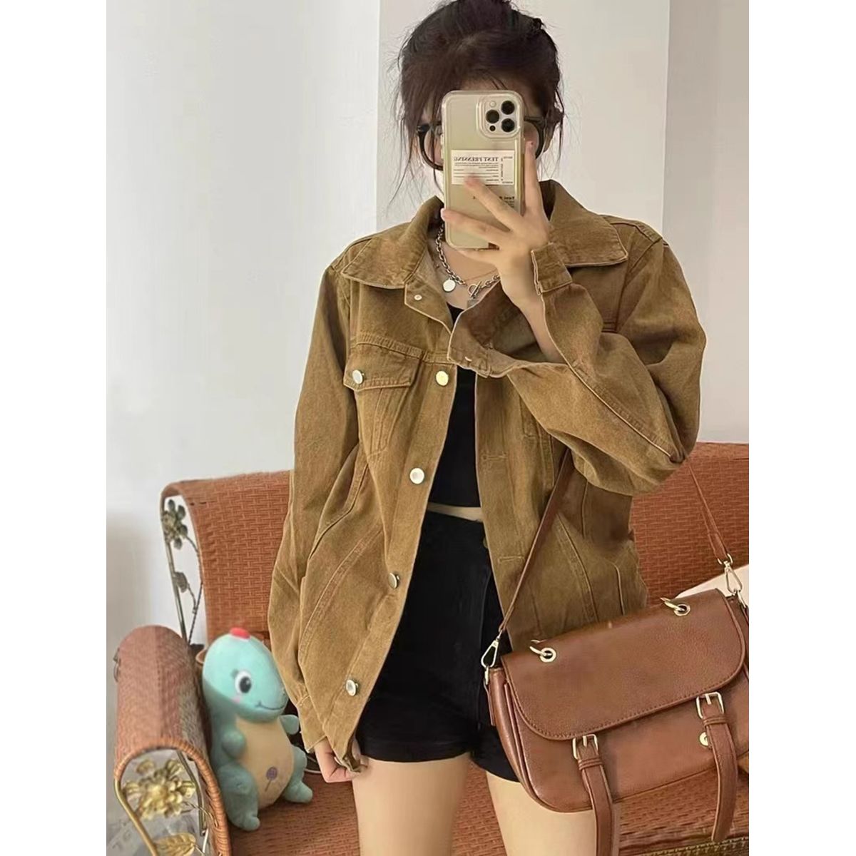 American oldschool brown denim jacket female autumn large size fat mm retro loose tooling jacket tops