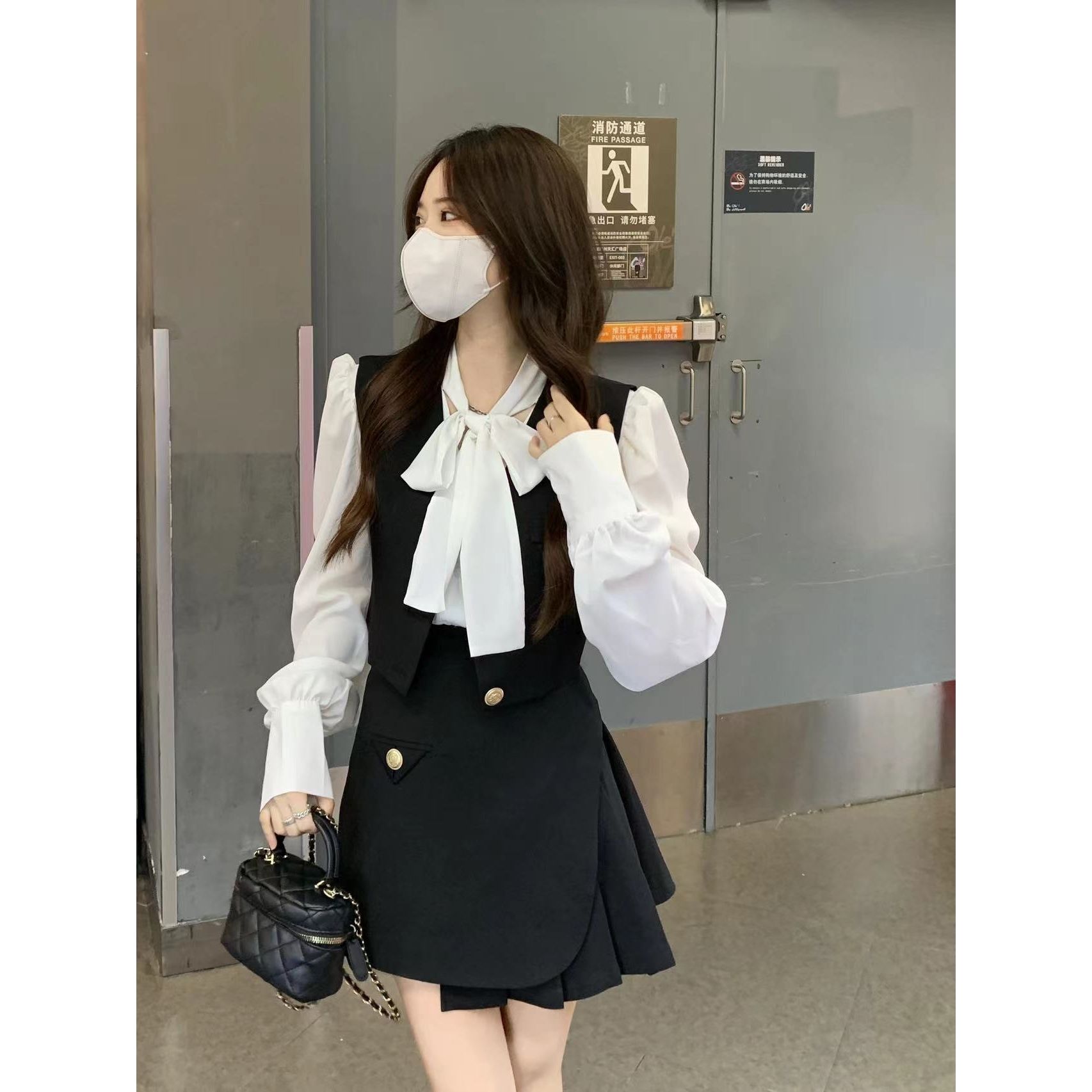 Autumn suit women  new outerwear waistcoat bowknot long-sleeved shirt high waist skirt three-piece suit