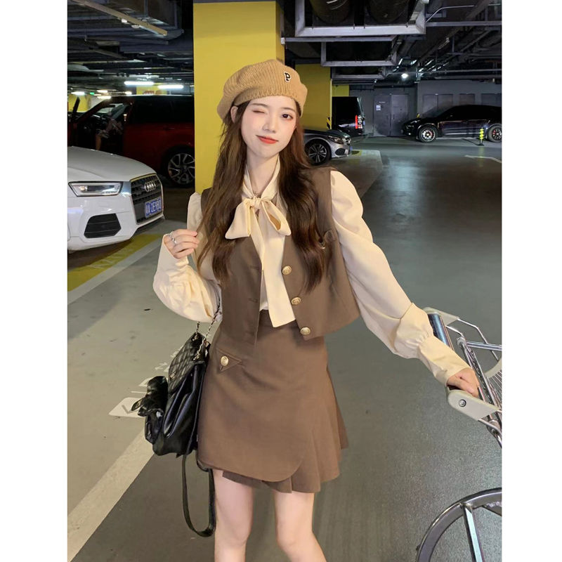 Autumn suit women  new outerwear waistcoat bowknot long-sleeved shirt high waist skirt three-piece suit