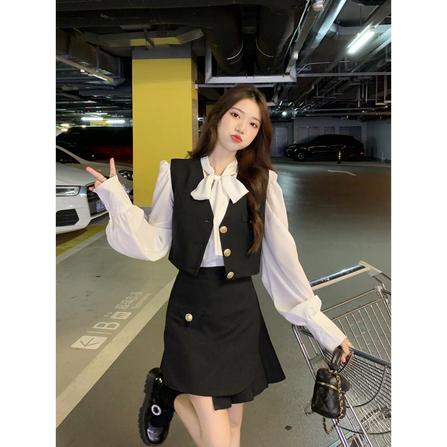 Autumn suit women  new outerwear waistcoat bowknot long-sleeved shirt high waist skirt three-piece suit