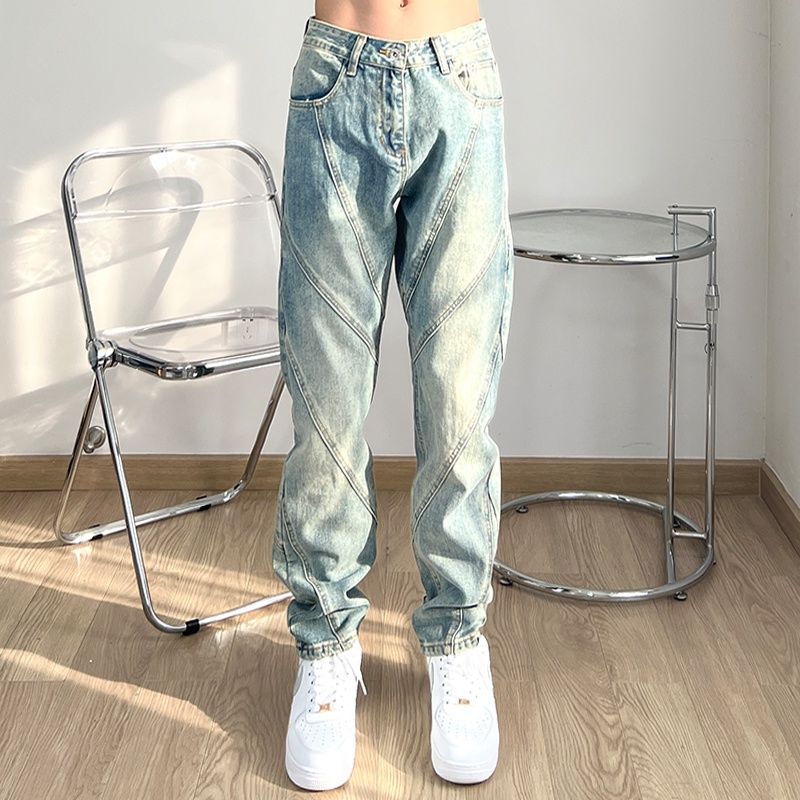 American high street ins splicing washed old jeans men's design sense niche casual loose straight pants trousers