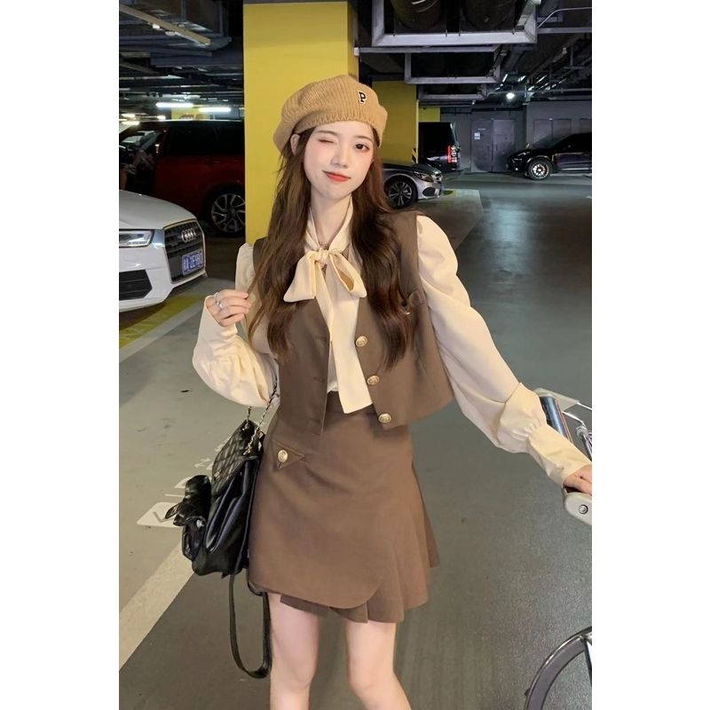 Autumn suit women  new outerwear waistcoat bowknot long-sleeved shirt high waist skirt three-piece suit