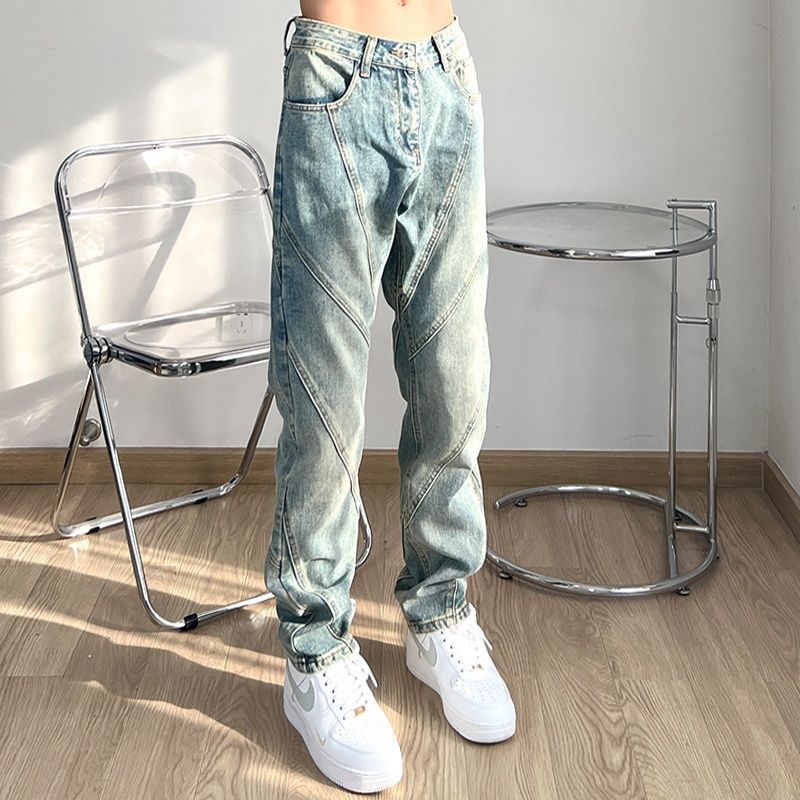 American high street ins splicing washed old jeans men's design sense niche casual loose straight pants trousers