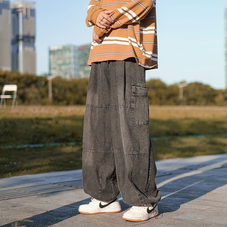 Workwear jeans for men in autumn, ins trendy high street loose straight wide leg pants, high-end handsome Japanese pants