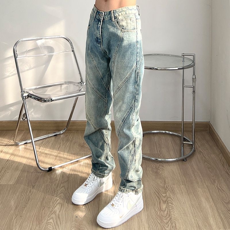 American high street ins splicing washed distressed jeans men's design niche casual loose straight pants trousers